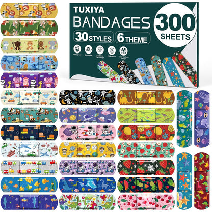 TUXIYA 300er Pack Kinder Cartoon Pflaster - 30 Motive, 6 Cartoon Themen, Flexible & Wasserfeste Pflaster für kleine Schnitte und Schrammen