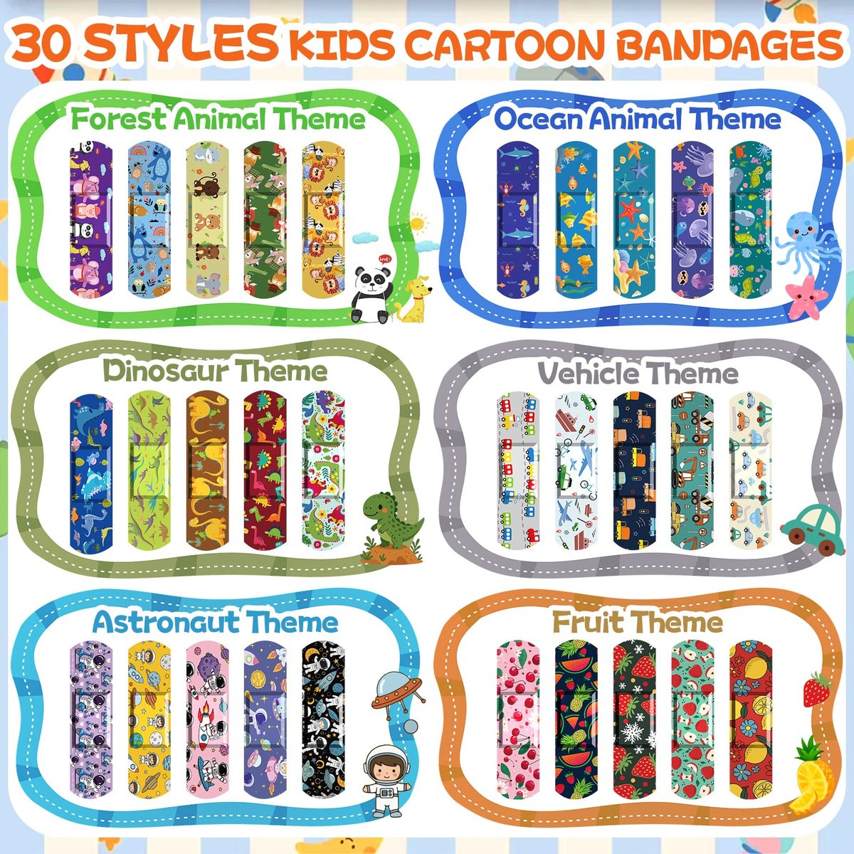 TUXIYA 300er Pack Kinder Cartoon Pflaster - 30 Motive, 6 Cartoon Themen, Flexible & Wasserfeste Pflaster für kleine Schnitte und Schrammen