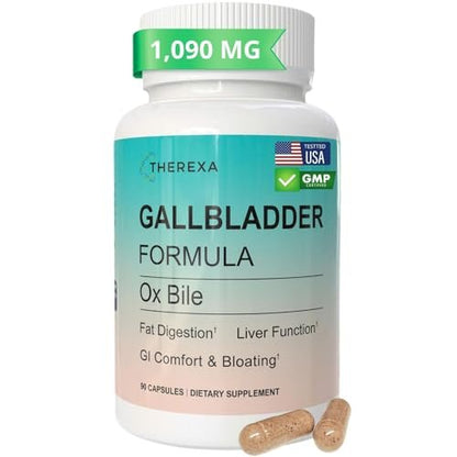 THEREXA Ox Galle Supplement für Ohne Gallenblase - 90 Kapseln, Verdauungsenzyme mit Gereinigten Gallensalzen