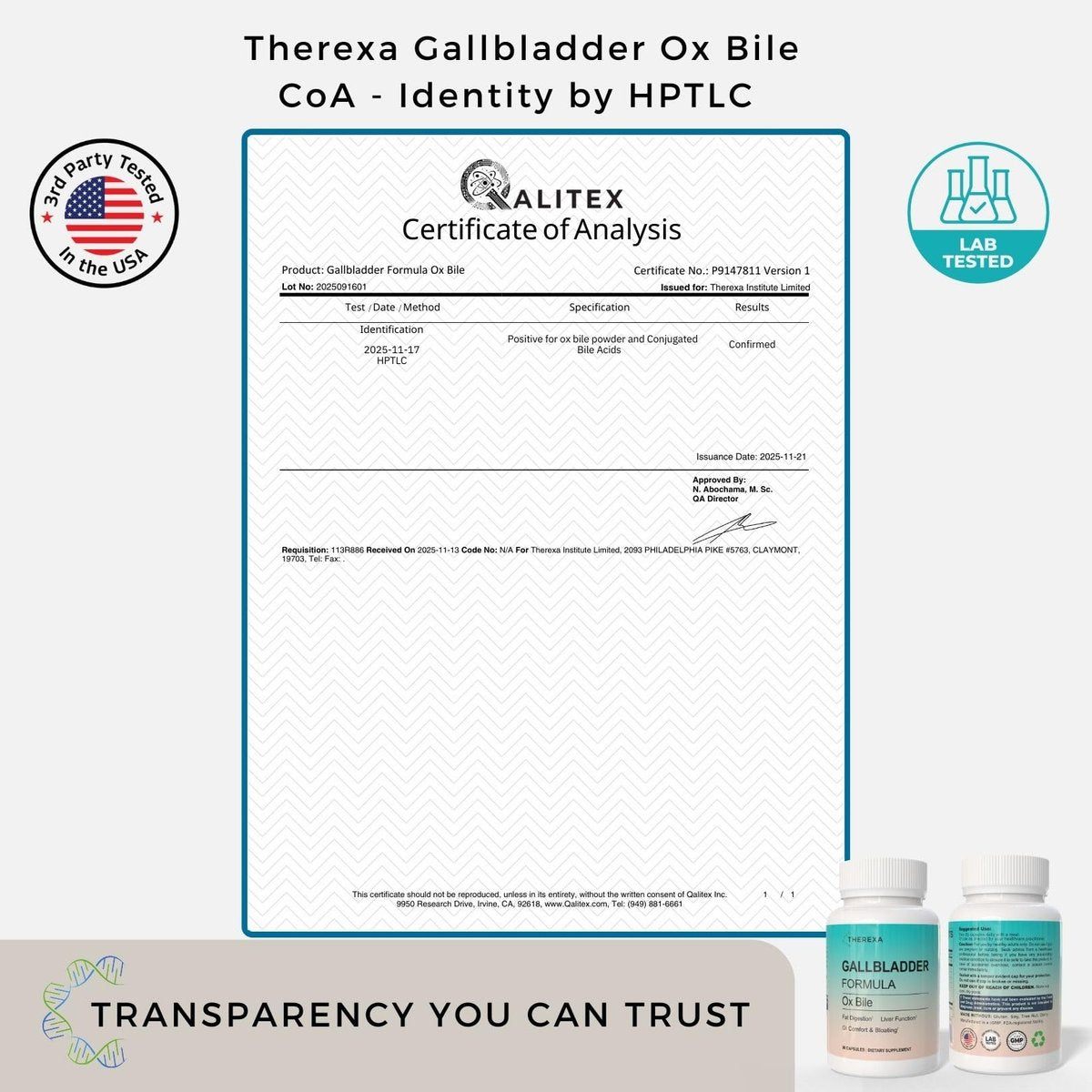 THEREXA Ox Galle Supplement für Ohne Gallenblase - 90 Kapseln, Verdauungsenzyme mit Gereinigten Gallensalzen