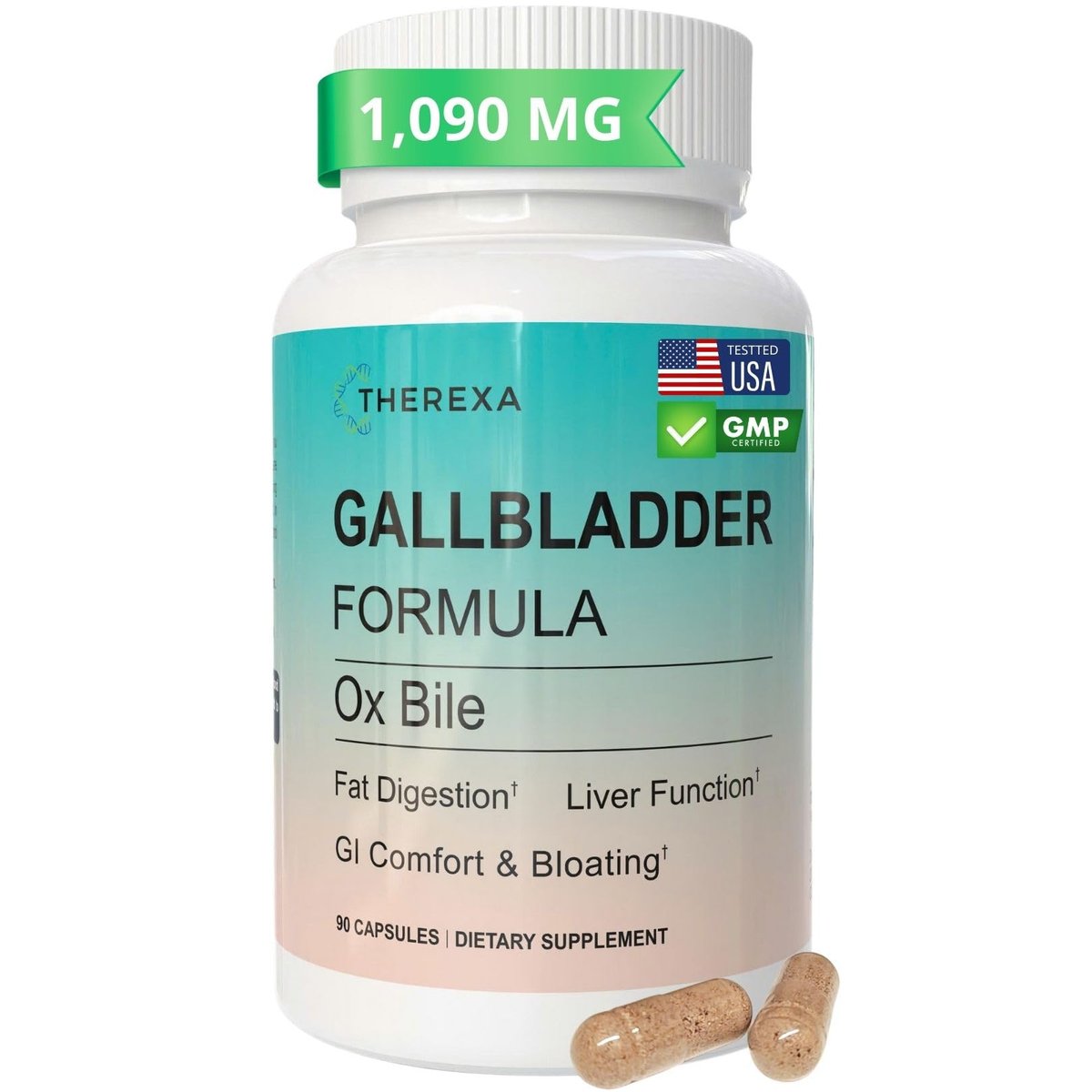 THEREXA Ox Galle Supplement für Ohne Gallenblase - 90 Kapseln, Verdauungsenzyme mit Gereinigten Gallensalzen
