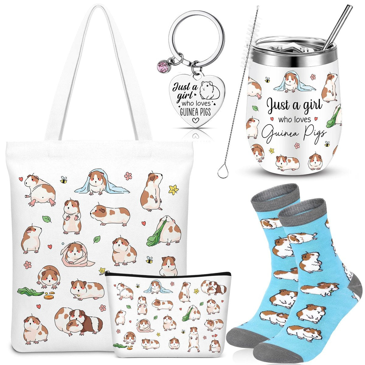 Geiserailie 5-teiliges Meerschweinchen-Fan Geschenkset für Frauen – Inklusive Einkaufstasche, Kulturbeutel, Schlüsselanhänger, Tumbler und Socken – Ideales Geburtstagsgeschenk für Tierliebhaber