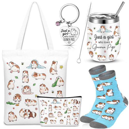 Geiserailie 5-teiliges Meerschweinchen-Fan Geschenkset für Frauen – Inklusive Einkaufstasche, Kulturbeutel, Schlüsselanhänger, Tumbler und Socken – Ideales Geburtstagsgeschenk für Tierliebhaber