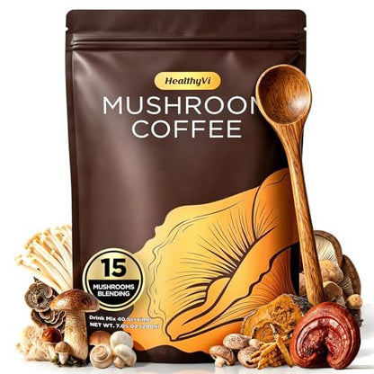 Mushroom Coffee mit 15 natürlichen Pilzen, Medium Roast mit KSM-66 Ashwagandha & L-Theanin, Fokus, Immunität, Energie, Stimmung & Darmgesundheit, Arabica Instantkaffee, vegan, 40 Portionen