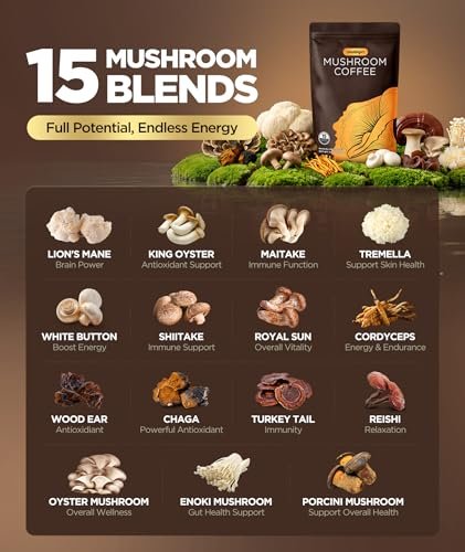 Mushroom Coffee mit 15 natürlichen Pilzen, Medium Roast mit KSM-66 Ashwagandha & L-Theanin, Fokus, Immunität, Energie, Stimmung & Darmgesundheit, Arabica Instantkaffee, vegan, 40 Portionen