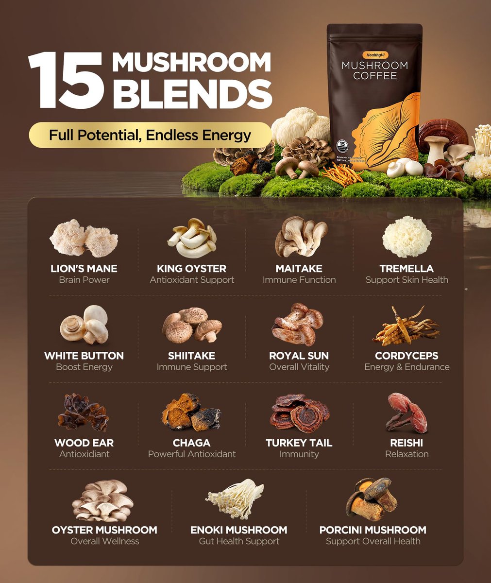 Mushroom Coffee mit 15 natürlichen Pilzen, Medium Roast mit KSM-66 Ashwagandha & L-Theanin, Fokus, Immunität, Energie, Stimmung & Darmgesundheit, Arabica Instantkaffee, vegan, 40 Portionen