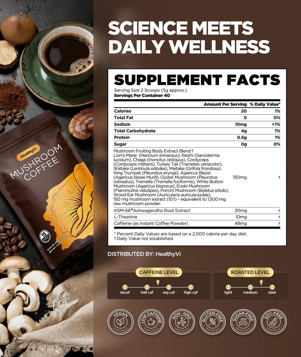 Mushroom Coffee mit 15 natürlichen Pilzen, Medium Roast mit KSM-66 Ashwagandha & L-Theanin, Fokus, Immunität, Energie, Stimmung & Darmgesundheit, Arabica Instantkaffee, vegan, 40 Portionen