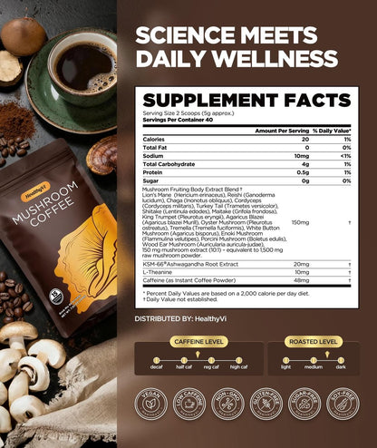 Mushroom Coffee mit 15 natürlichen Pilzen, Medium Roast mit KSM-66 Ashwagandha & L-Theanin, Fokus, Immunität, Energie, Stimmung & Darmgesundheit, Arabica Instantkaffee, vegan, 40 Portionen