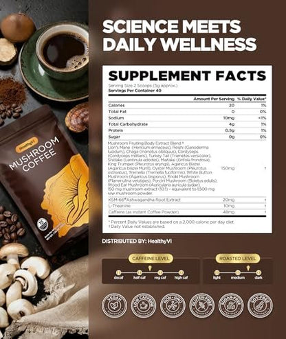 Mushroom Coffee mit 15 natürlichen Pilzen, Medium Roast mit KSM-66 Ashwagandha & L-Theanin, Fokus, Immunität, Energie, Stimmung & Darmgesundheit, Arabica Instantkaffee, vegan, 40 Portionen