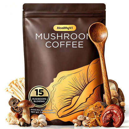 Mushroom Coffee mit 15 natürlichen Pilzen, Medium Roast mit KSM-66 Ashwagandha & L-Theanin, Fokus, Immunität, Energie, Stimmung & Darmgesundheit, Arabica Instantkaffee, vegan, 40 Portionen
