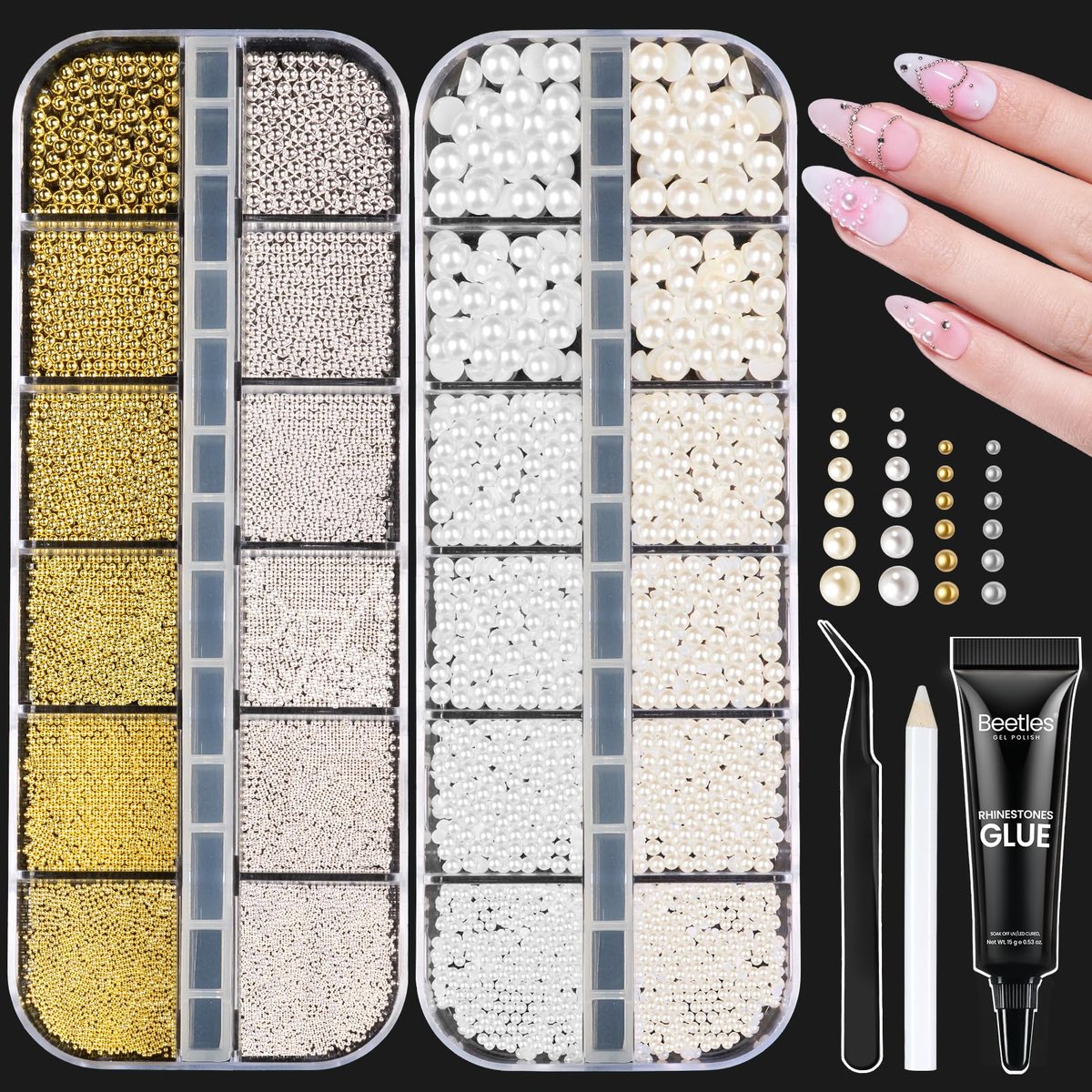 Beetles 3D Nagelverzierungen Gold Silber Nagelperlen und Weiße Perlen mit 15g Rhinestone-Kleber Pinzette Aufnahmestift für Nagelkunst Metallic Runde Kaviarperlen Weiße Flachrückperlen Maniküre-Zubehör