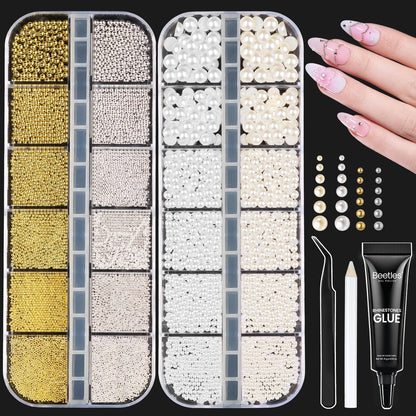 Beetles 3D Nagelverzierungen Gold Silber Nagelperlen und Weiße Perlen mit 15g Rhinestone-Kleber Pinzette Aufnahmestift für Nagelkunst Metallic Runde Kaviarperlen Weiße Flachrückperlen Maniküre-Zubehör