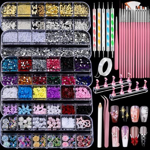 Teenitor Nagelkunst-Set mit 5 Boxen 3D-Nagelverzierungen, Strasssteinen, 15 Nagelpinseln, 5 Dotting-Werkzeugen und 2 Nagelständern