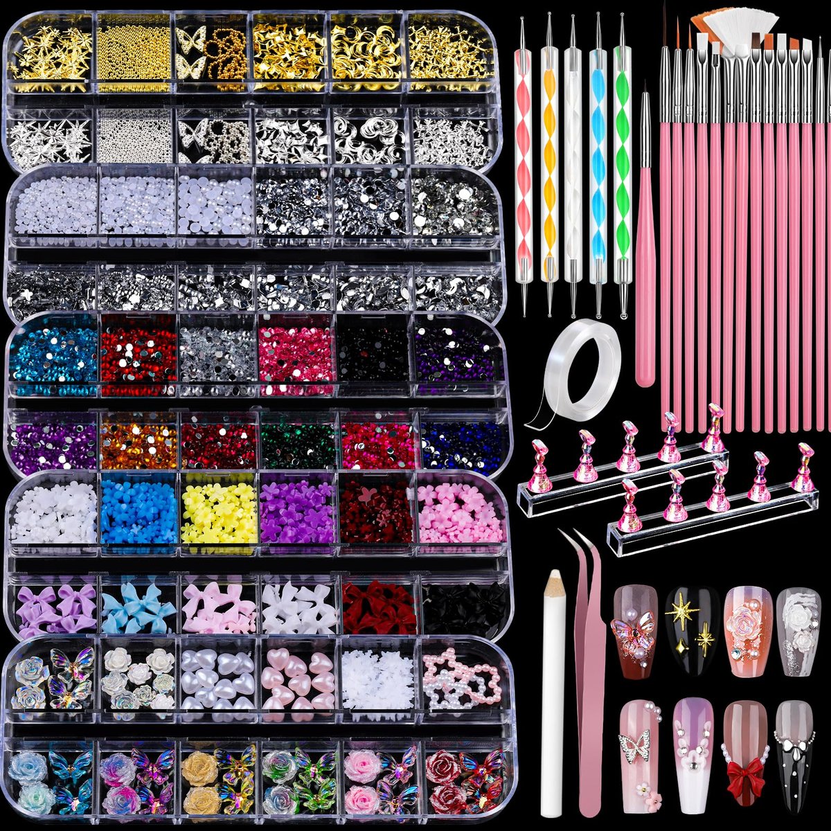 Teenitor Nagelkunst-Set mit 5 Boxen 3D-Nagelverzierungen, Strasssteinen, 15 Nagelpinseln, 5 Dotting-Werkzeugen und 2 Nagelständern