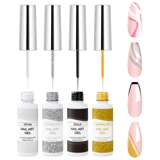 VIVAALI Gel Liner Nagellack Set, 4 Farben Schwarz Weiß Gold Silber Glitter Liner Gel mit Dünnem Pinsel in der Flasche für Swirl/Euphoria French Tips Maniküre Malerei 8ml