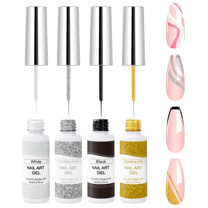 VIVAALI Gel Liner Nagellack Set, 4 Farben Schwarz Weiß Gold Silber Glitter Liner Gel mit Dünnem Pinsel in der Flasche für Swirl/Euphoria French Tips Maniküre Malerei 8ml