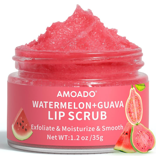 AMOADO Zucker-Lippenpeeling für dunkle Lippen – Peeling für glatte & weiche Lippen mit Wassermelone & Guave, Lippenpeeling & Feuchtigkeitspflege für trockene, rissige Lippen, natürliche Lippenpflege, 35 g