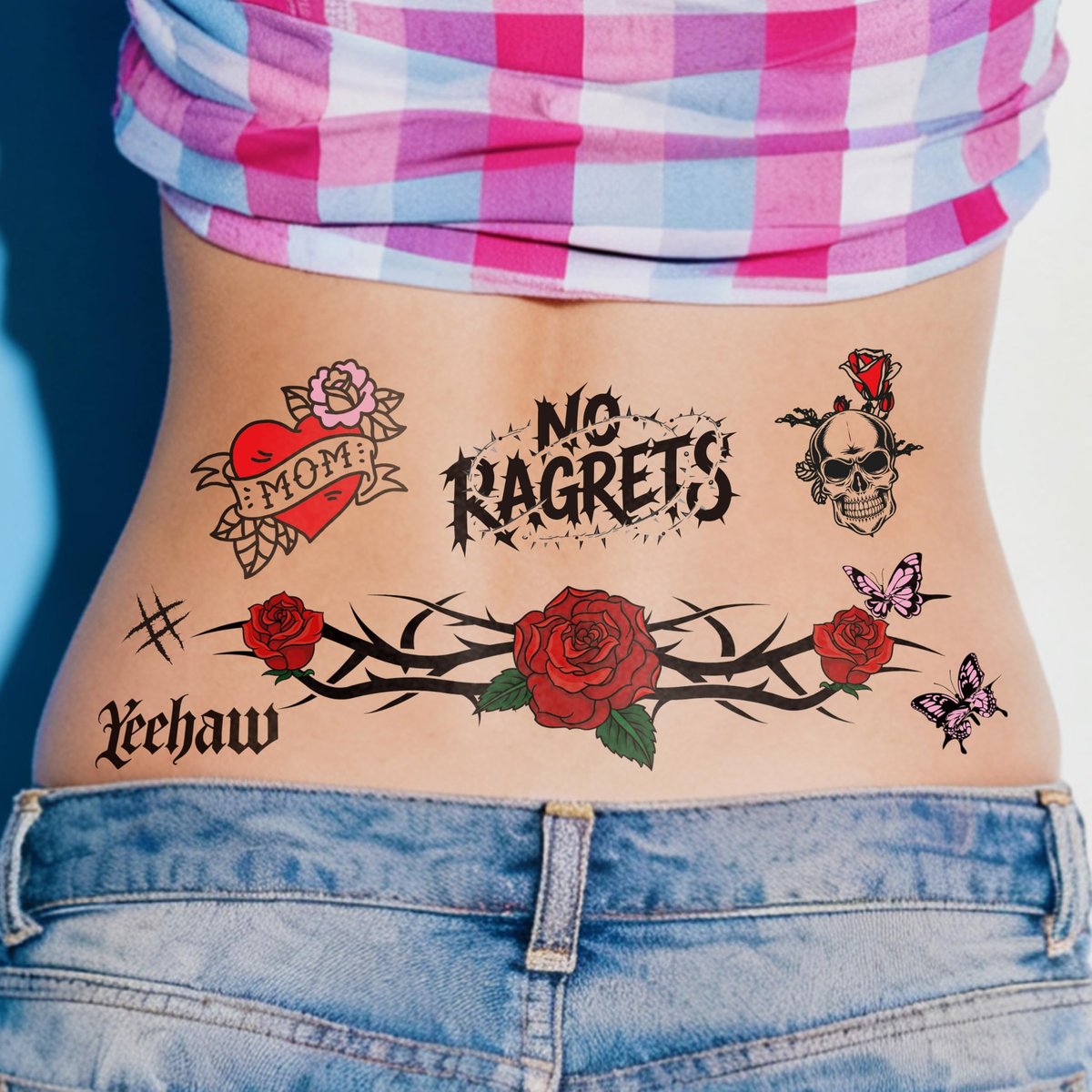 Temporäre Fake Tattoos Y2K Accessoires für Erwachsene Frauen, Tramp Stamp White Trash Junggesellinnenabschied No Ragrets Tattoo, White Trash Party Dekorationen 4 Bögen