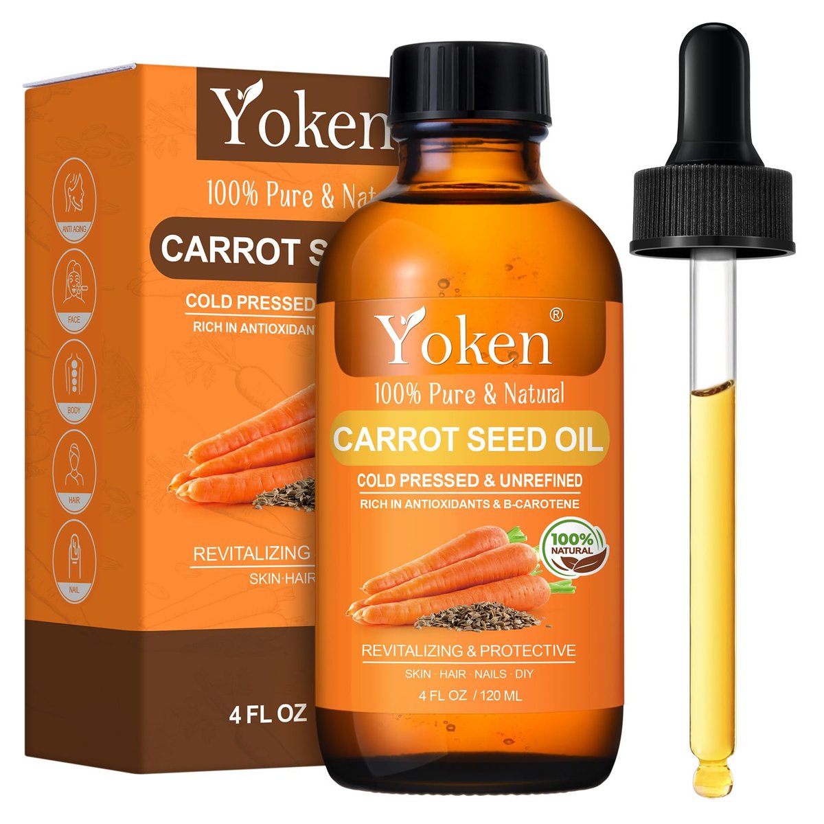 Yoken Kaltgepresstes Karottenkernöl 118 ml – 100 % reines und natürliches Trägeröl für Haut und Haar, leichtes Gesichts- und Kopfhautöl, Gua Sha, DIY-Mischungen, Massage