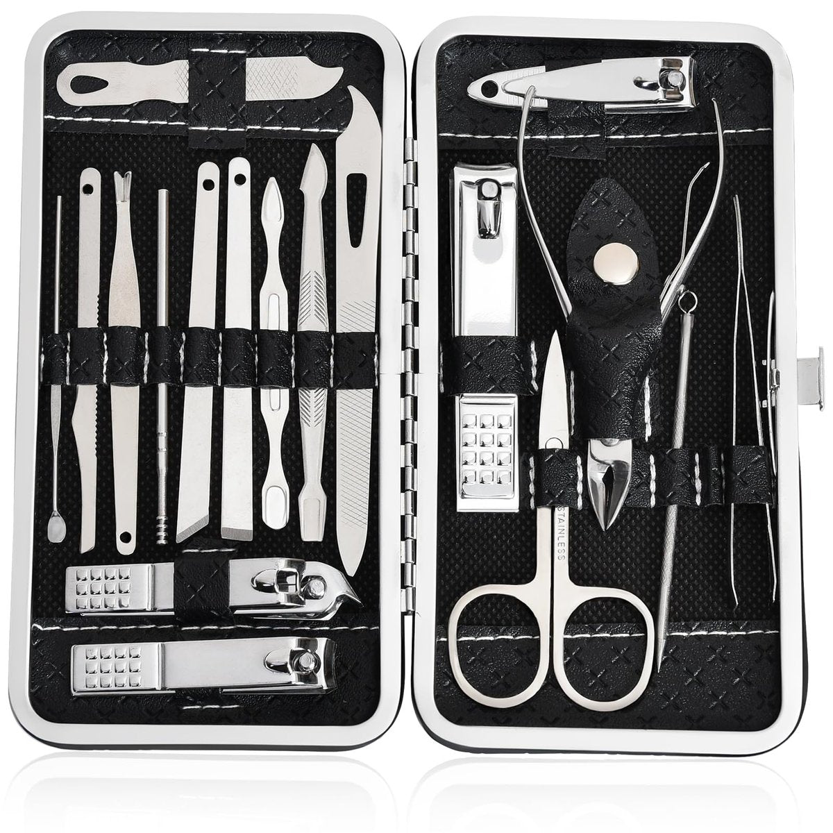 19-in-1 Maniküre-Set & Nagelknipser-Kit, Professionelles Edelstahl-Pflegeset für Damen & Herren, Komplettes Nagelpflege-Set mit Reiseetui, Ideal für Zehennägel, Pediküre, Zuhause oder unterwegs, Schwarz