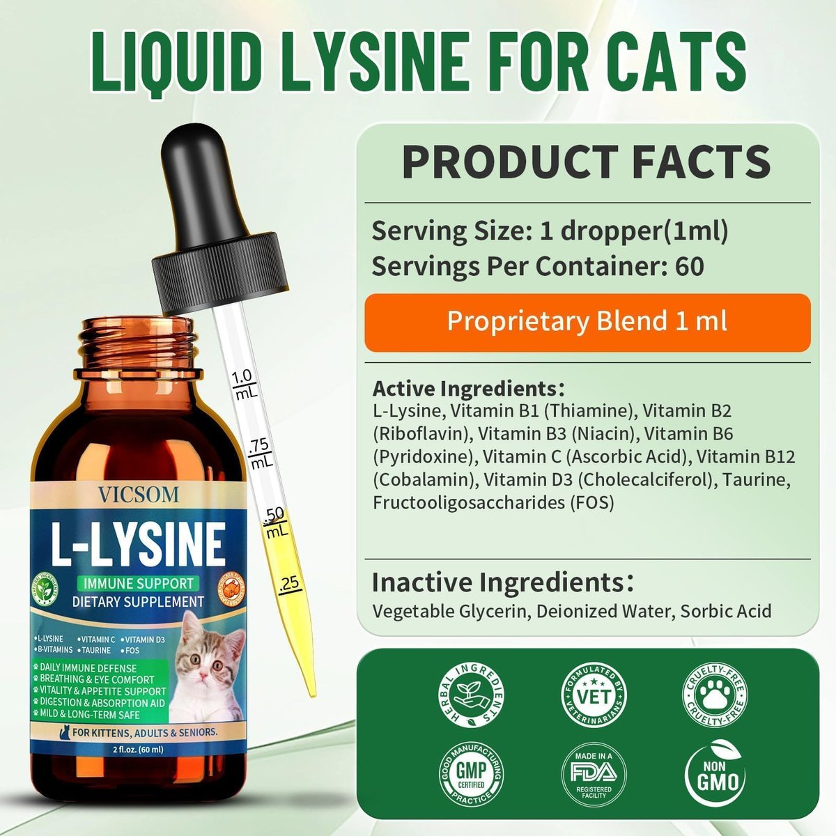 L-Lysin für Katzen – Katzen-Lysin-Ergänzung für Immununterstützung, Atemwege, Niesen, laufende Nase, Augenfunktion, natürliche Stärkung der Abwehrkräfte, Hühnergeschmack 60 ml