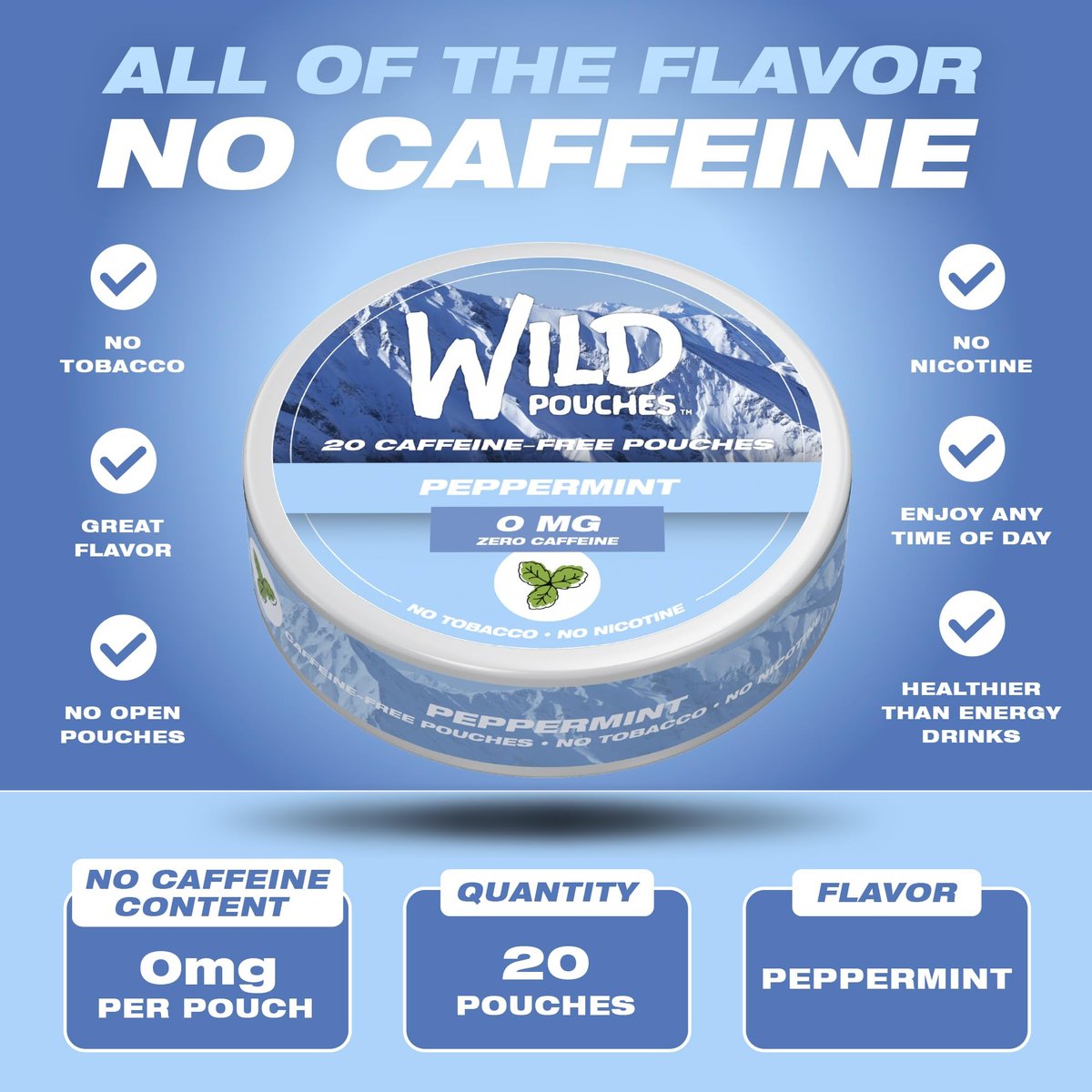 Wild 0mg Nikotinfreie Beutel ohne Koffein Pfefferminz – 20 koffeinfreie Beutel