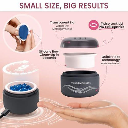 Tress Wellness Stripless Wax Kit für Gesicht, Augenbrauen & Lippen – Schnell & Einfach Mini Wachswärmer für Augenbrauen, Kinn & Gesicht Haarentfernung – USB, Sauber, Kompakt & Reisebereit