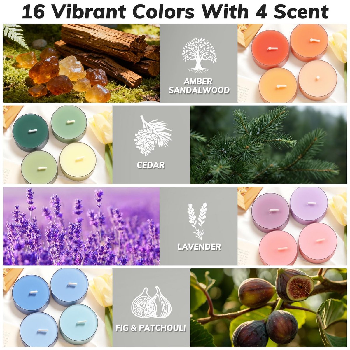 Farbige Duft-Teelichter, 16er Pack Sojawachs-Teelichter in 4 Düften für Wohnkultur, Entspannung & Geschenke | Langlebig | Zeder, Amber Sandelholz, Lavendel, Feige & Patchouli