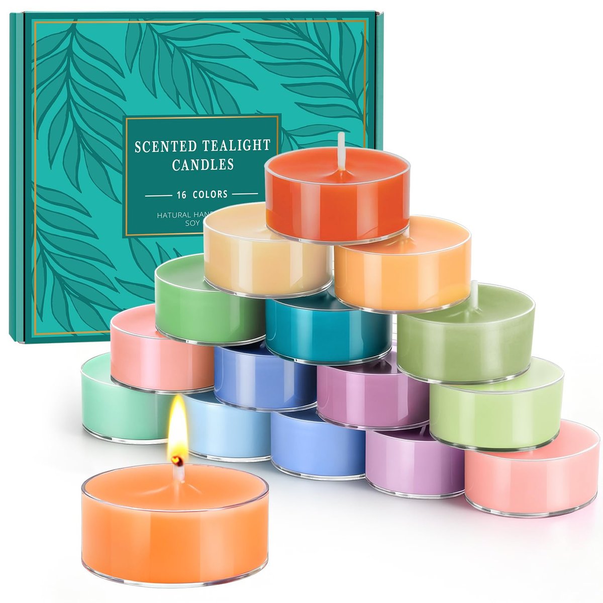 Farbige Duft-Teelichter, 16er Pack Sojawachs-Teelichter in 4 Düften für Wohnkultur, Entspannung & Geschenke | Langlebig | Zeder, Amber Sandelholz, Lavendel, Feige & Patchouli