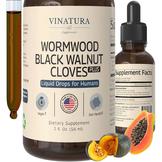 VINATURA Wermut Schwarze Walnuss Nelken Flüssigkeit - Darmreinigung & Detox für Menschen mit Papayablatt und Kürbiskernen, Intestinal Guard Formula Nahrungsergänzungsmittel - 60 ml