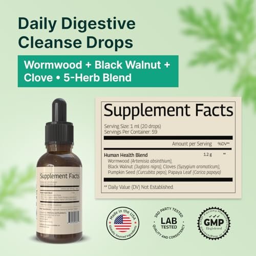 VINATURA Wermut Schwarze Walnuss Nelken Flüssigkeit - Darmreinigung & Detox für Menschen mit Papayablatt und Kürbiskernen, Intestinal Guard Formula Nahrungsergänzungsmittel - 60 ml
