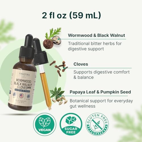 VINATURA Wermut Schwarze Walnuss Nelken Flüssigkeit - Darmreinigung & Detox für Menschen mit Papayablatt und Kürbiskernen, Intestinal Guard Formula Nahrungsergänzungsmittel - 60 ml
