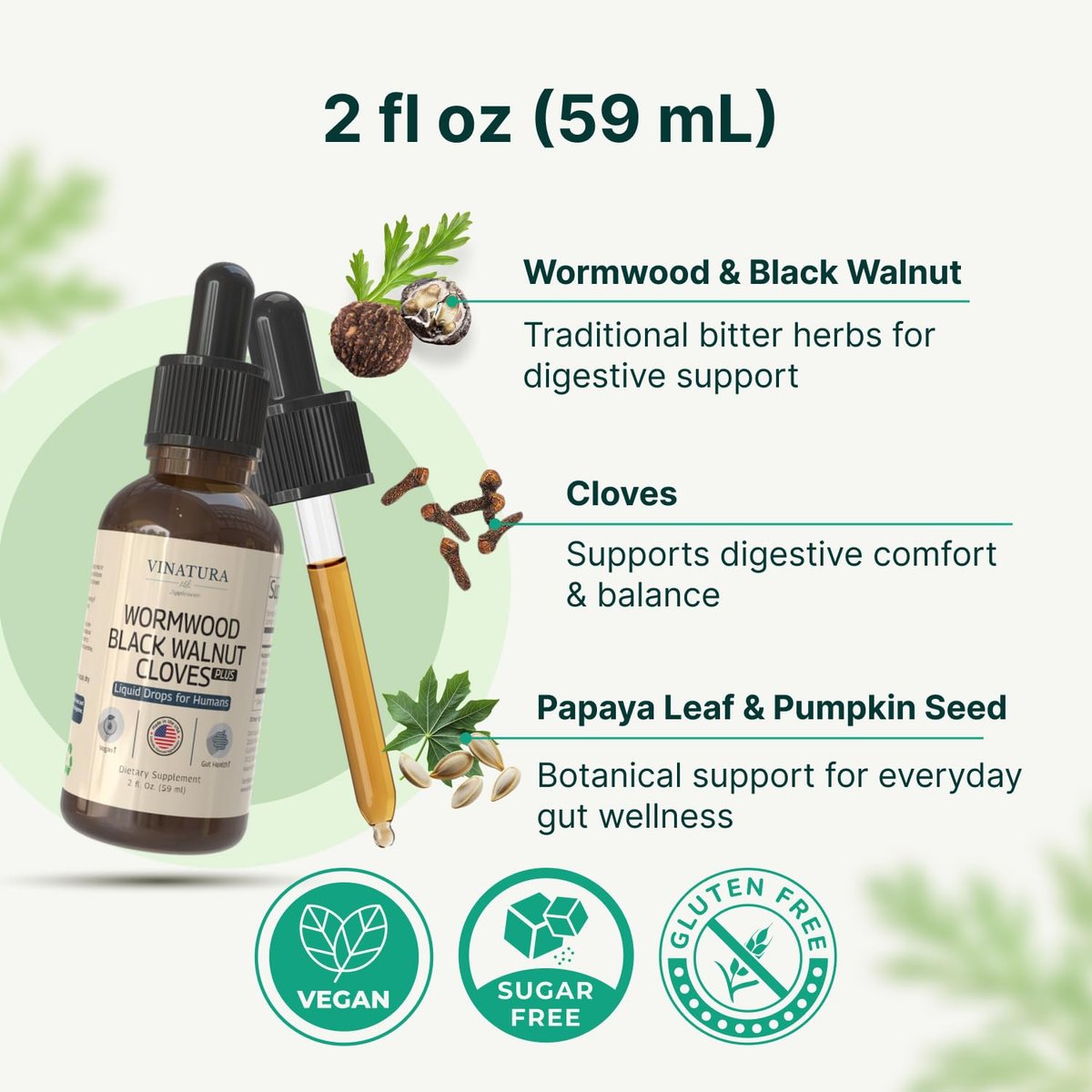 VINATURA Wermut Schwarze Walnuss Nelken Flüssigkeit - Darmreinigung & Detox für Menschen mit Papayablatt und Kürbiskernen, Intestinal Guard Formula Nahrungsergänzungsmittel - 60 ml