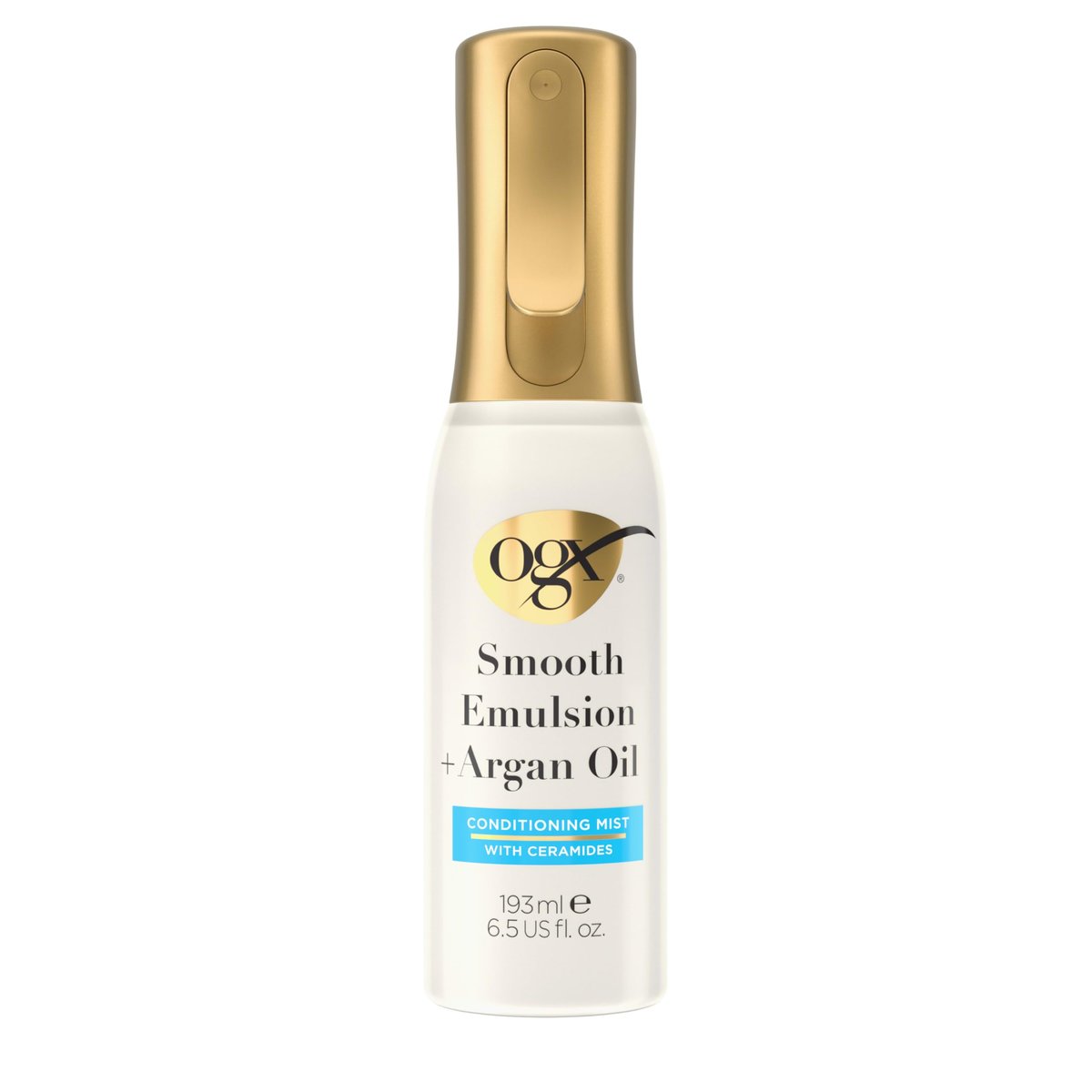 OGX Glättendes Emulsions- + Arganöl Conditioner-Haarspray, Schadenreparatur-Spray mit Ceramiden für 4x glatteres Haar* bis zu 48 Stunden ohne Beschweren, Hitzeschutz bis 450°F, 195 ml