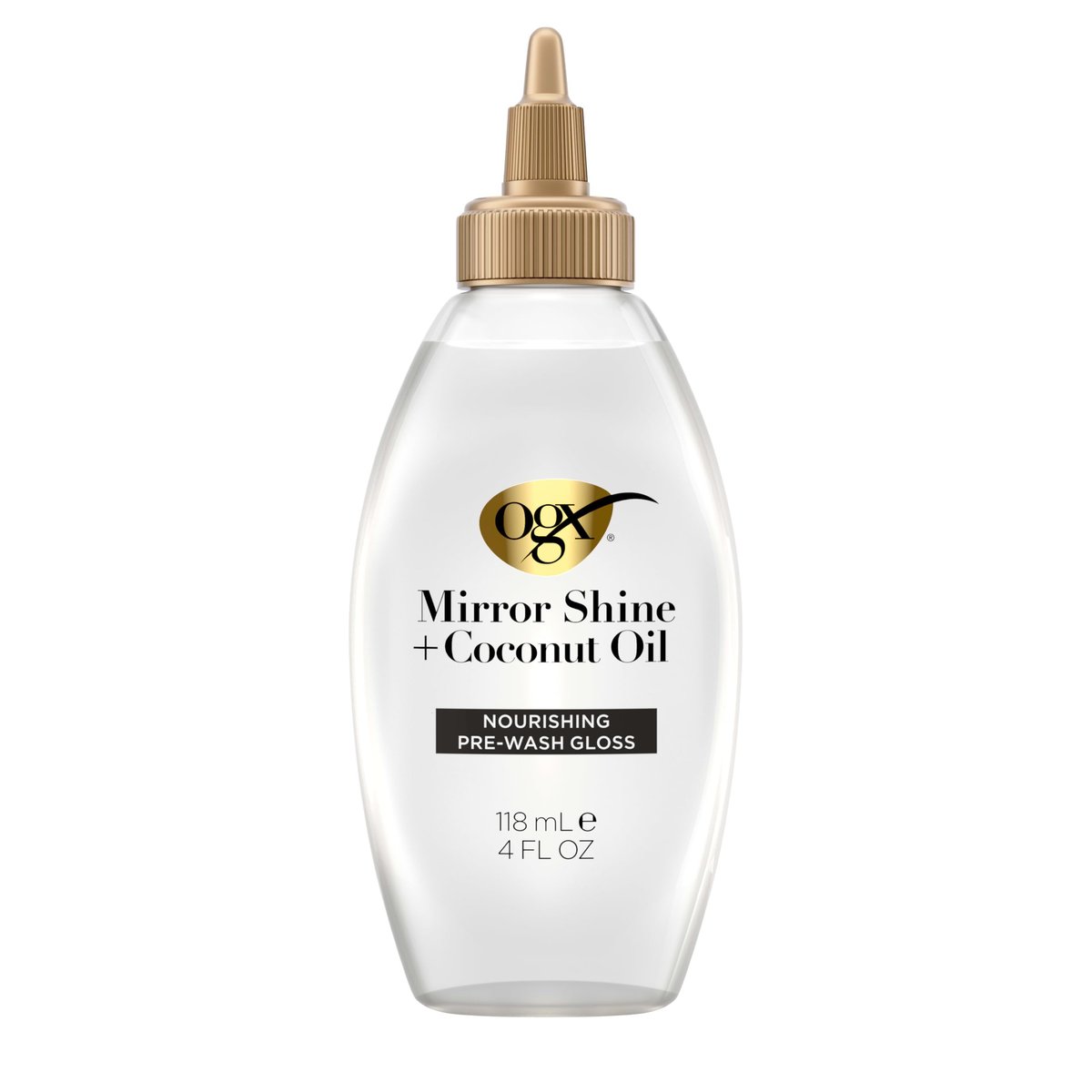 OGX Mirror Shine + Kokosöl Pre-Wash Haar Gloss, nährende Ausspülkur für 48 Stunden glänzendes Haar & Schadenreparatur, leichtes Öl repariert Spliss, 118 ml