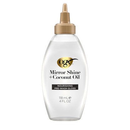 OGX Mirror Shine + Kokosöl Pre-Wash Haar Gloss, nährende Ausspülkur für 48 Stunden glänzendes Haar & Schadenreparatur, leichtes Öl repariert Spliss, 118 ml