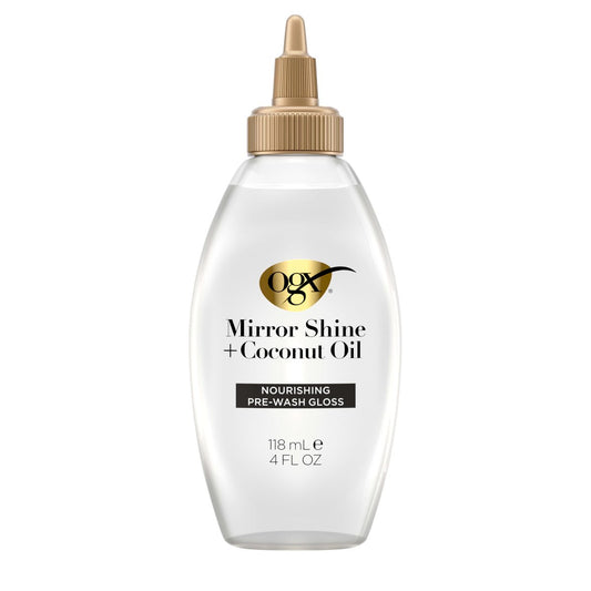OGX Mirror Shine + Kokosöl Pre-Wash Haar Gloss, nährende Ausspülkur für 48 Stunden glänzendes Haar & Schadenreparatur, leichtes Öl repariert Spliss, 118 ml