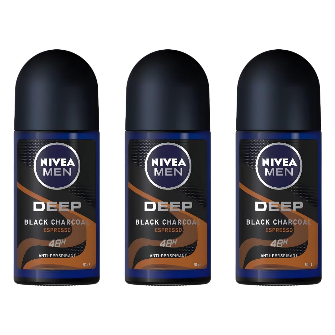 NIVEA MEN DEEP Black Carbon Espresso Anti-Transpirant Roll-On, 50 ml – 72-Stunden Schutz vor Schweiß und Geruch, ohne sichtbare Rückstände, langanhaltender Espresso-Duft, 3er-Pack