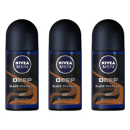 NIVEA MEN DEEP Black Carbon Espresso Anti-Transpirant Roll-On, 50 ml – 72-Stunden Schutz vor Schweiß und Geruch, ohne sichtbare Rückstände, langanhaltender Espresso-Duft, 3er-Pack