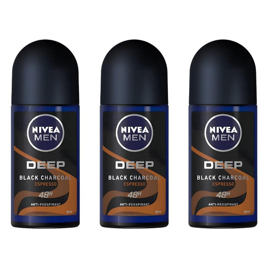 NIVEA MEN DEEP Black Carbon Espresso Anti-Transpirant Roll-On, 50 ml – 72-Stunden Schutz vor Schweiß und Geruch, ohne sichtbare Rückstände, langanhaltender Espresso-Duft, 3er-Pack