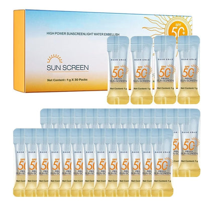 30er-Pack Reisegröße SPF 50+ PA++++ Mini Sonnenschutz – Leicht, nicht fettend, wasserbeständiger Sonnenblocker für Gesicht & Körper, perfekte Urlaubsessentials & Partygeschenke