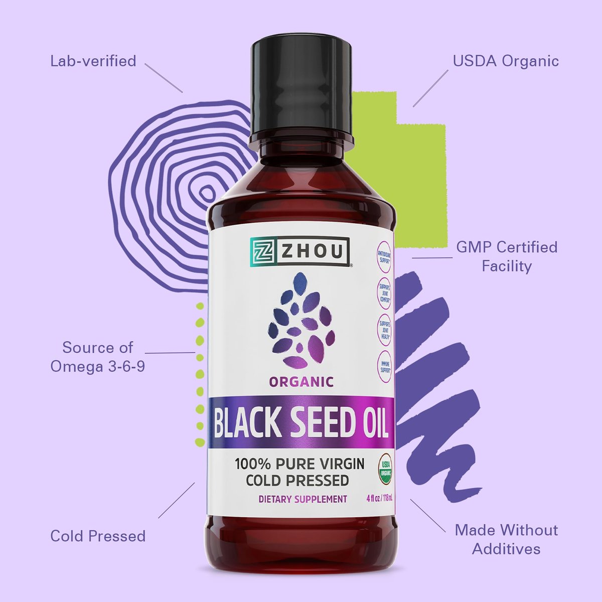 ZHOU Bio Schwarzkümmelöl kaltgepresst - 118 ml reines, unraffiniertes Schwarzkümmelöl mit Thymochinon und Omega 3-6-9