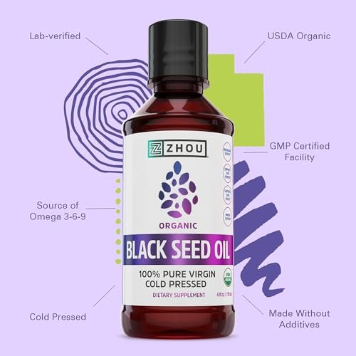 ZHOU Bio Schwarzkümmelöl kaltgepresst - 118 ml reines, unraffiniertes Schwarzkümmelöl mit Thymochinon und Omega 3-6-9