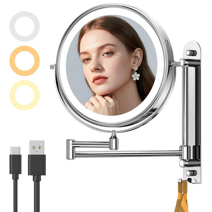 Gospire 9 Zoll Wandmontierter Make-up-Spiegel mit 10-facher Vergrößerung, 7 Zoll höhenverstellbarer beleuchteter Kosmetikspiegel für Badezimmerwand, 360° schwenkbarer Rasierspiegel mit Licht - Chrom