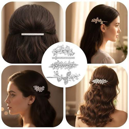 Sibba 4er-Set Silberne Strass-Haarklammern – Braut-Haarnadeln, Weihnachtsschmuck, Blätter- und Blumen-Clips für Hochzeit, Fasching, Karneval