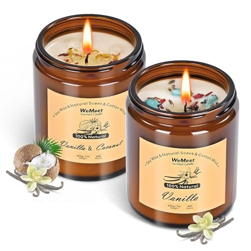 WEMEET Duftkerzen für Zuhause 2er-Pack, Vanille-Duftkerze mit getrockneten Blumen, Kokos-Vanille-Sojakerzen mit Kristallen, Kerzenset für eine entspannende Atmosphäre