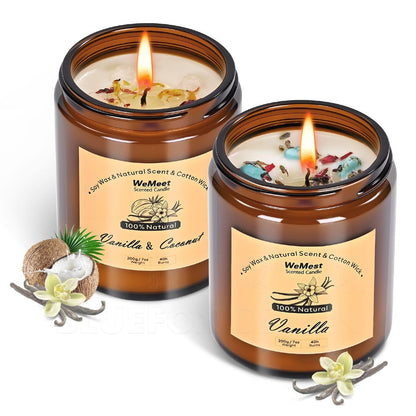 WEMEET Duftkerzen für Zuhause 2er-Pack, Vanille-Duftkerze mit getrockneten Blumen, Kokos-Vanille-Sojakerzen mit Kristallen, Kerzenset für eine entspannende Atmosphäre