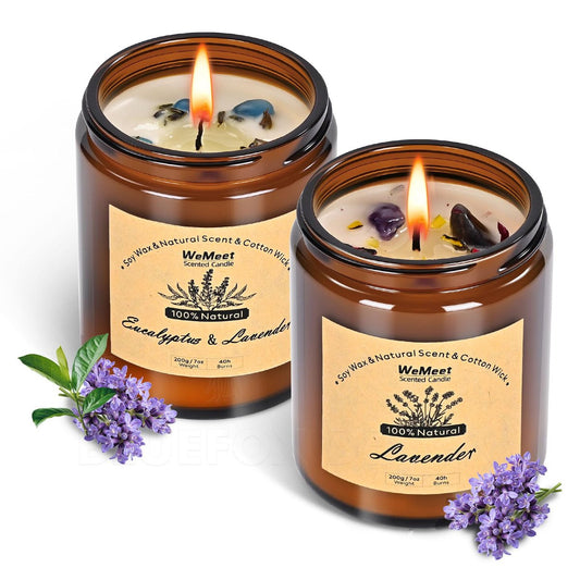 WEMEET 2er Set Duftkerzen Geschenkset, Lavendelkerzen für Zuhause mit Kristallen 7oz, Eukalyptus-Lavendel Kerze mit Trockenblumen, Aromatherapie Kerze für Geburtstag, Muttertag, Weihnachten