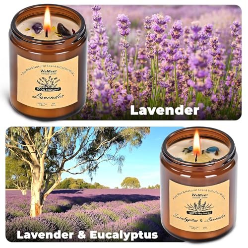 WEMEET 2er Set Duftkerzen Geschenkset, Lavendelkerzen für Zuhause mit Kristallen 7oz, Eukalyptus-Lavendel Kerze mit Trockenblumen, Aromatherapie Kerze für Geburtstag, Muttertag, Weihnachten