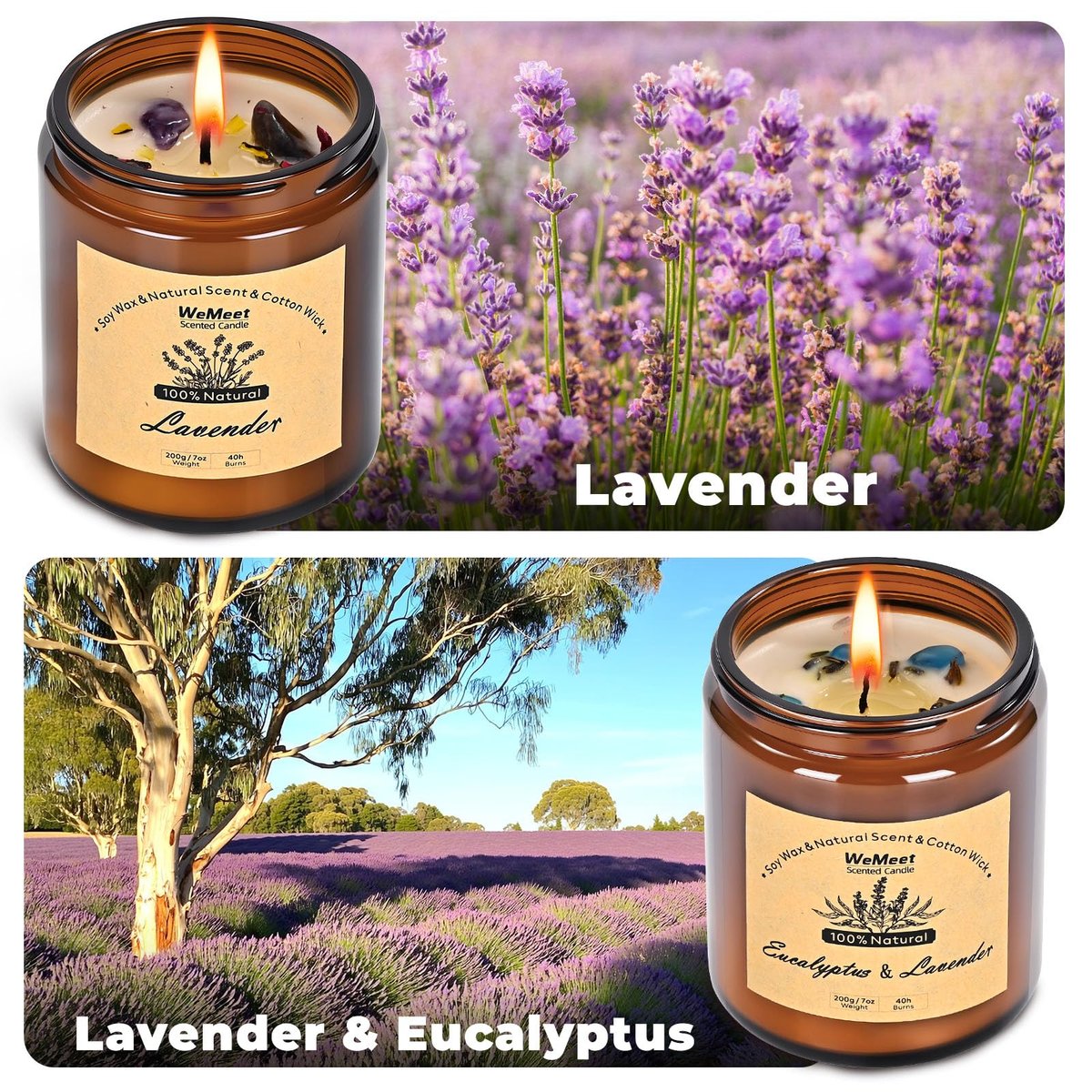 WEMEET 2er Set Duftkerzen Geschenkset, Lavendelkerzen für Zuhause mit Kristallen 7oz, Eukalyptus-Lavendel Kerze mit Trockenblumen, Aromatherapie Kerze für Geburtstag, Muttertag, Weihnachten